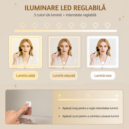 Masuta machiaj cu Oglinda LED si 9 Sertare pentru Cosmetice, Set Masa toaleta 109 cm, Alb, masuta cosmetica, vanity - SEA18 - Img 7