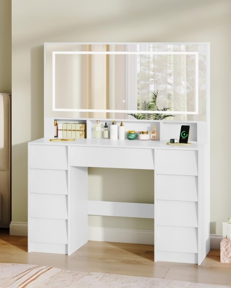 Masuta machiaj cu Oglinda LED si 9 Sertare pentru Cosmetice, Set Masa toaleta 109 cm, Alb, masuta cosmetica, vanity - SEA19 - Img 3