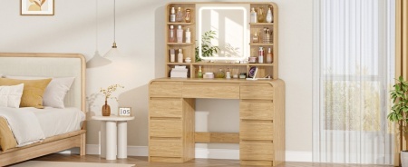 Masuta machiaj cu Oglinda LED si 9 Sertare pentru Cosmetice, Set Masa toaleta 108 cm, cu Priza si USB, masuta cosmetica Maro, vanity cu Rafturi - SEM1 - Img 4