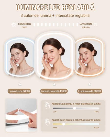 Masuta machiaj cu Oglinda LED si 9 Sertare si Rafturi pentru Cosmetice, Set Masa toaleta 108 cm, Alb, masuta cosmetica cu Priza si USB, vanity cu Dulapior - SEA17 - Img 7