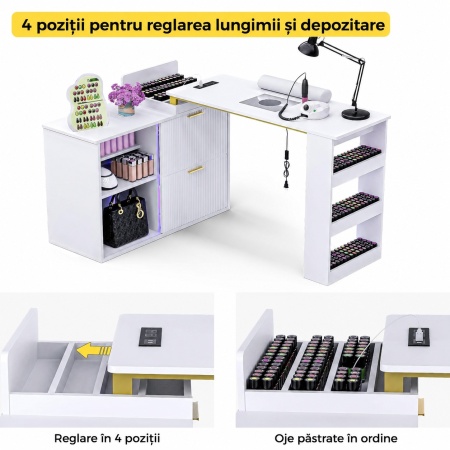 Masuta manichiura Alba / Neagra, 110 cm, birou cu LED si Riflaj, masa cosmetica pentru salon cu Aspirator Incorporat, Prize si USB MANIA211 - Img 5