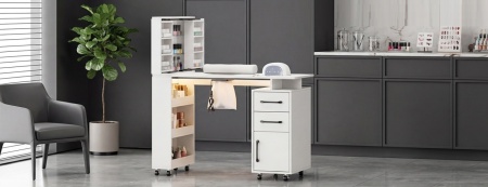 Masuta manichiura Alba / Roz / Neagra, 108 cm, birou cu LED, masa cosmetica pentru salon cu Aspirator Incorporat, Pernita si Rafturi deschise - MANIA216 - Img 10