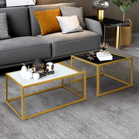 MCAU14 - Set 2 Masute de cafea, 60 si 80 cm cm, picioare metalice, blat cu Imitatie de Marmura - Alb - Negru - Auriu