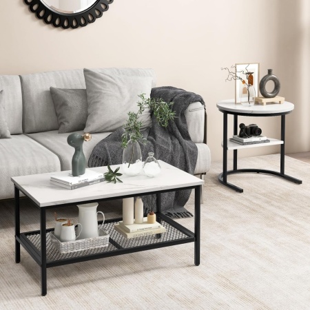 MCAU19 - Set 2 masute de cafea 80 cm si 52 cm, mese pentru living - Alb - Negru / Auriu - Img 8