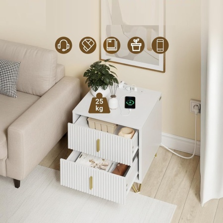 NOA29 - Set 2x Noptiere albe 40x40x47 cm, riflaje, cu sau fara Priza, cu 2 sertare, dormitor - Alb-Auriu - Img 9