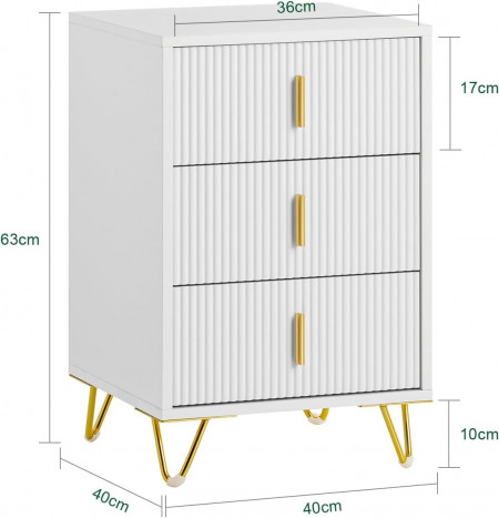 NOA45 - Set 2x Noptiere albe 40x40x63cm, riflaje, cu sau fara Priza, cu 3 sertare, dormitor - Alb-Auriu - Img 5