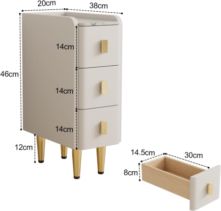 NOA5 - Set 2 Noptiere foarte inguste, 20 cm sau 30 cm, cu 3 sertare, dormitor - Alb - Auriu - Img 11