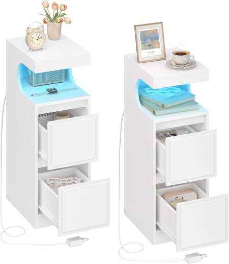 NOA79 - Set 2 Noptiere, 24 cm, foarte inguste, cu LED, 2 Sertare si Raft - Alb - Img 2