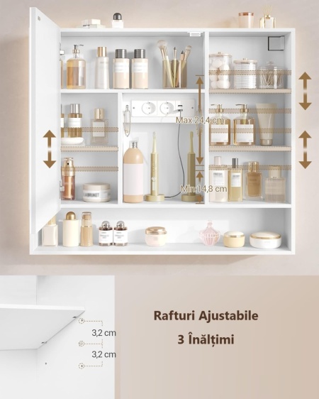 Oglinda Led cu dulapior alb, cu Priza, Rafturi ajustabile si Riflaj - Mobilier Baie VELORA - Img 8