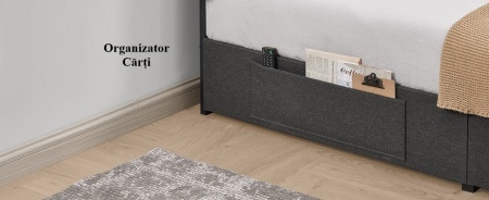 PAG2 - Pat tapitat, 140 sau 160 x 200 cm, cu 4 Sertare, LED, USB si USB-C, Organizatoare Carti - Gri - Img 9