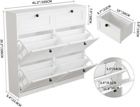 PANA31 - Pantofar 105cm ingust, 4 compartimente si 2 sertare, pantofare, depozitare pantofi, mobilier hol - Alb / Negru - Img 10