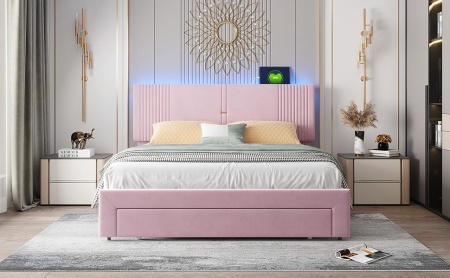 PARC205 - Pat tapitat cu LED si USB, 140 / 160 x 200 cm, cu Sertar - Gri - Img 3