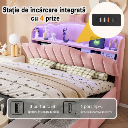 PARC208 - Pat tapitat cu LED, 140 x 200 cm - Pat copii, fetite cu Spatiu depozitare, Porturi USB si USB-C - Catifea Roz / Crem - Img 11