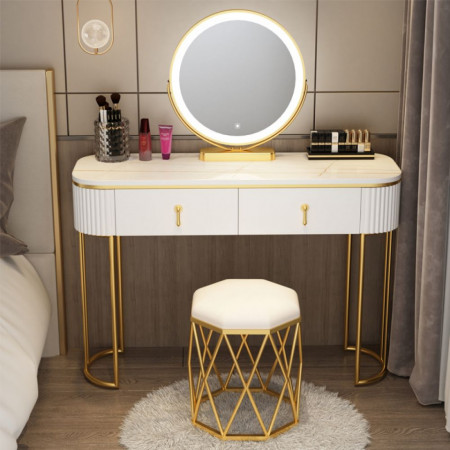 SEA78 - Set Masa toaleta, 100 cm, cosmetica, masa machiaj cu oglinda LED si scaun, masuta vanity - Alb-Auriu