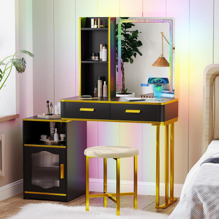 SEN244 - Set Masa toaleta, 80 cm, cosmetica machiaj, oglinda cu LED, masuta vanity cu USB si Incarcator Wi-Fi, scaun tapitat - Negru-Auriu