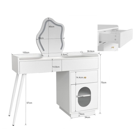Set Masa toaleta alba, 100 cm cosmetica machiaj, oglinda cu LED, masuta vanity cu Riflaj - SEA490 - Img 5
