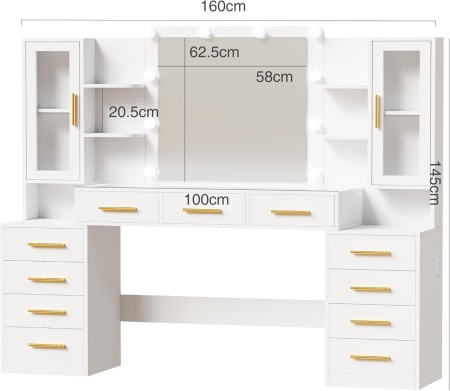 Set Masa toaleta alba 160 cm, cu Priza si USB, cosmetica, machiaj, oglinda cu LED, masuta vanity cu Blat de Sticla, make-up - SEA437 - Img 2