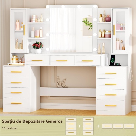 Set Masa toaleta alba 160 cm, cu Priza si USB, cosmetica, machiaj, oglinda cu LED, masuta vanity cu Blat de Sticla, make-up - SEA437 - Img 5