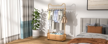SUAU8 - Suport Haine cu spatiu depozitare, 180 cm inaltime, pentru haine, dressing, dormitor - Auriu / Alb / Negru - Img 5