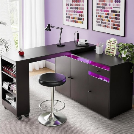 Birou, Masuta manichiura pentru Colt Alba / Neagra, 135 x 114 cm, LED, masa cosmetica pentru salon cu Rafturi deschise si Roti - MANIA217 - Img 5