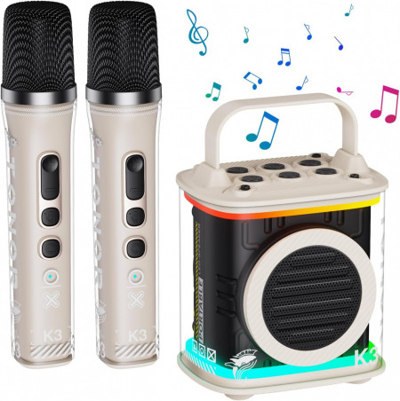 CADC14 - Set Sistem Mini Karaoke si 2 Mini Microfoane, Jucarii copii, Cadou pentru Craciun, Petreceri in familie - Bej