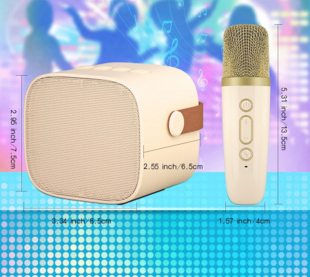 CADC4 - Set Sistem Mini Karaoke si 2 Mini Microfoane, Jucarii copii, Cadou pentru Craciun, Petreceri in familie - Bej - Img 3