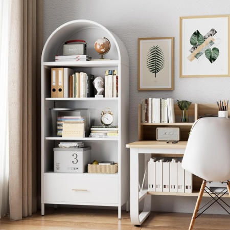DUA205 - Vitrina 80 cm, Dulap rotund pentru birou, Biblioteca Living, Rafturi Dormitor, Dining, Hol - Alb - Img 10