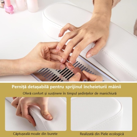 MANIA4 - Masuta manichiura, 108 cm, masa cosmetica cu Aspirator incorporat, pernita - Alb / Negru / Roz - Img 10