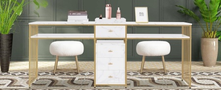 MANIAU206 - Masuta manichiura dubla, birou dublu, 200 cm, masa cosmetica pentru salon - Alb imitatie de marmura - Auriu - Img 8