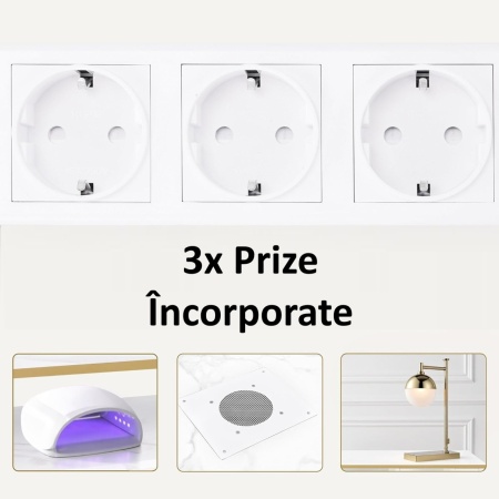 MANIAU208 - Masuta manichiura, 112 cm, cu Aspirator Incorporat cu 2 Saci, 3x Prize, masa cosmetica - Alb cu Imitatie de marmura - Auriu - Img 4
