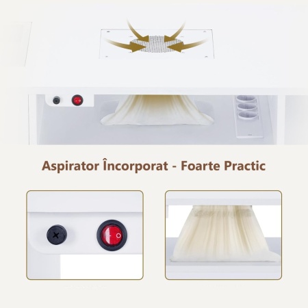 MANIAU212 - Masuta manichiura, 112 cm, birou, masa cosmetica pentru salon cu Aspirator Incorporat, Priza, Sertare si Rafturi - Alb - Auriu - Img 7