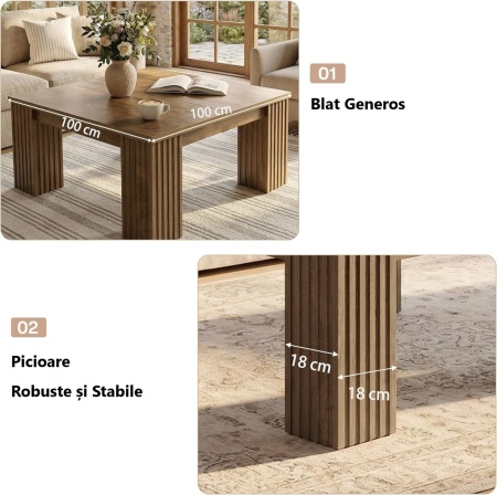 Masuta de cafea patrata, 100 cm, masa canapea Maro, Riflaj - MCM2 - Img 12