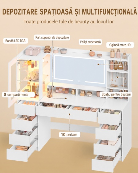 Masuta de machiaj 140 cm, cu Oglinda LED si 10 Sertare pentru Cosmetice, Set Masa toaleta Alba, masuta cosmetica, vanity cu dulapior si rafturi - SEA20 - Img 9
