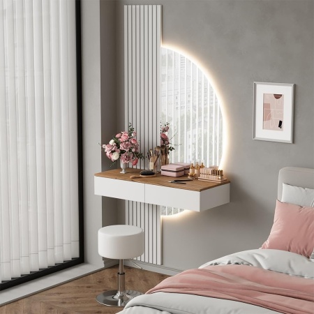 Masuta machiaj alba cu Oglinda LED si 2 Sertare pentru Cosmetice, Set Masa toaleta 100 cm, masuta cosmetica cu Riflaj, vanity - SEA831 - Img 3