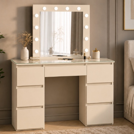 Masuta machiaj Crem cu Oglinda LED si 7 Sertare pentru Cosmetice, Set Masa toaleta 120 cm, masuta cosmetica, vanity - SEC502 - Img 9