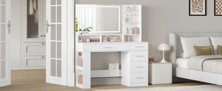 Masuta machiaj cu Oglinda HD LED si 5 Sertare pentru Cosmetice, Set Masa toaleta 108 cm, Alb, masuta cosmetica, vanity - SEA13 - Img 9