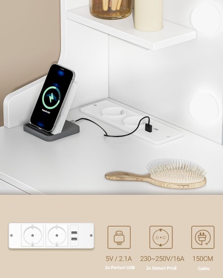 Masuta machiaj cu Oglinda LED si 11 Sertare pentru Cosmetice, Set Masa toaleta 108 cm, Alb, masuta cosmetica, vanity - SEA9 - Img 5