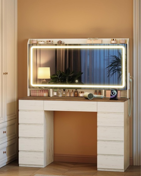 Masuta machiaj cu Oglinda LED si 11 Sertare pentru Cosmetice, Set Masa toaleta 108 cm, Alb, masuta cosmetica, vanity cu Priza si USB - SEA12 - Img 2