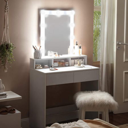 Masuta machiaj cu Oglinda LED si 2 Sertare pentru Cosmetice, Set Masa toaleta 80 cm, Alb, masuta cosmetica, vanity - SEA347 - Img 7