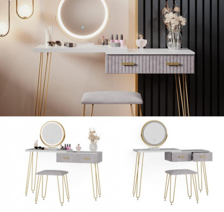 Masuta machiaj cu Oglinda LED si 2 Sertare pentru Cosmetice, Set Masa toaleta 120 cm, Alb, masuta cosmetica, vanity - SEA393 - Img 7