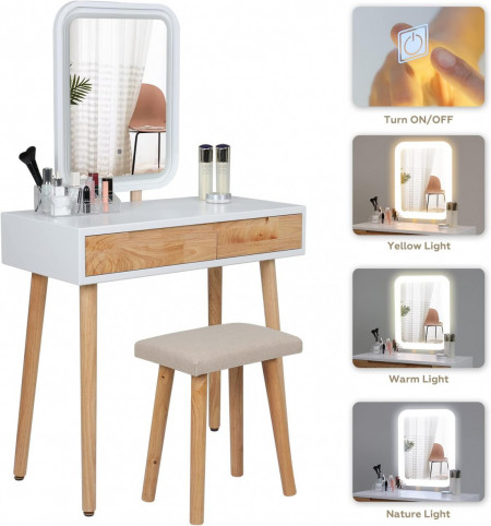 Masuta machiaj cu Oglinda LED si 2 Sertare pentru Cosmetice, Set Masa toaleta 80 cm, Alb, masuta cosmetica, vanity - SEA431 - Img 3