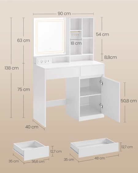 Masuta machiaj cu Oglinda LED si 2 Sertare pentru Cosmetice, Set Masa toaleta 90 cm, Alb, masuta cosmetica, vanity - SEA804 - Img 2