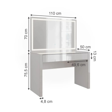 Masuta machiaj cu Oglinda LED si 2 Sertare pentru Cosmetice, Set Masa toaleta 110 cm, Alb Lucios, masuta cosmetica, vanity - SEA813 - Img 4