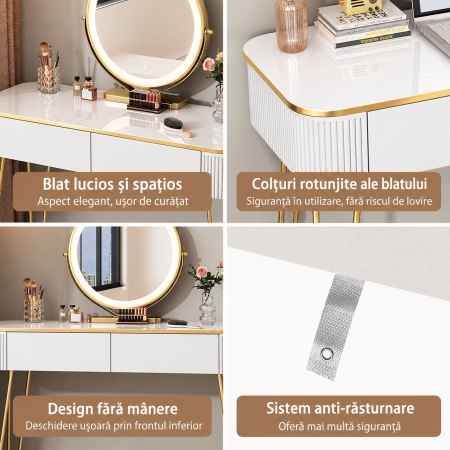 Masuta machiaj cu Oglinda LED si 2 Sertare pentru Cosmetice, Set Masa toaleta 100 cm, Alb, masuta cosmetica, vanity - SEA471 - Img 11
