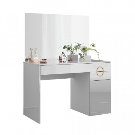 Masuta machiaj cu Oglinda LED si 3 Sertare pentru Cosmetice, Set Masa toaleta 115 cm, Alb Lucios, masuta cosmetica, vanity - SEA440 - Img 4