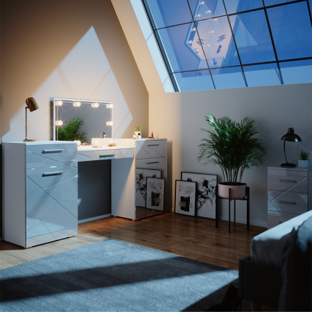 Masuta machiaj cu Oglinda LED si 3 Sertare pentru Cosmetice, Set Masa toaleta 190 cm, Alb Lucios, masuta cosmetica, vanity - SEA480 - Img 2