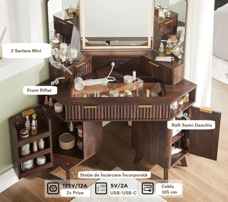 Masuta machiaj cu Oglinda LED si 3 Sertare pentru Cosmetice, Set Masa toaleta 122 cm, Maro, masuta cosmetica, vanity - SEM22 - Img 3