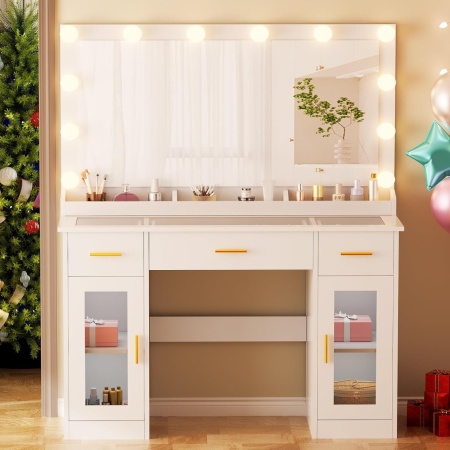 Masuta machiaj cu Oglinda LED si 3 Sertare pentru Cosmetice, Set Masa toaleta 110 cm, Alb, masuta cosmetica, vanity - SEA2 - Img 3