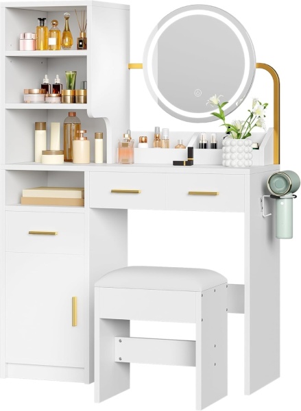 Masuta machiaj cu Oglinda LED si 3 Sertare pentru Cosmetice, Set Masa toaleta 80 cm, Alb, masuta cosmetica, vanity - SEA825 - Img 6