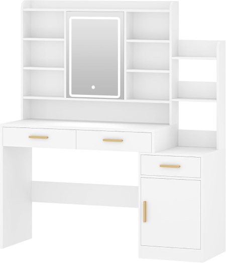 Masuta machiaj cu Oglinda LED si 3 Sertare pentru Cosmetice, Set Masa toaleta 130 cm, Alb, masuta cosmetica, vanity - SEA8 - Img 3